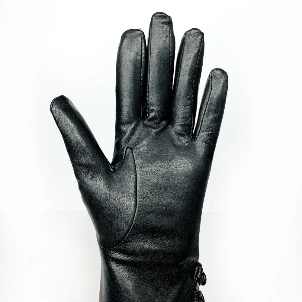 Sleek Black Authentic Leather Gloves With Real Off White Fur Lined Cuffs